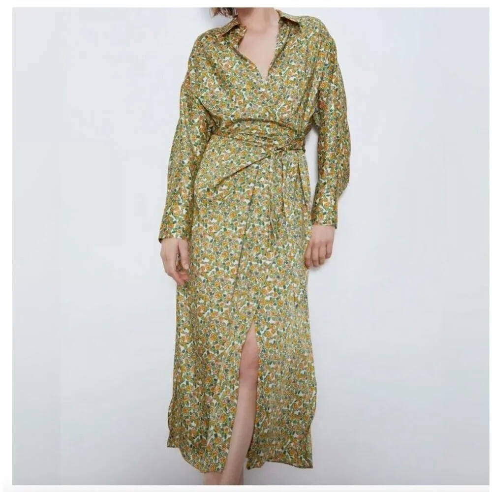 zara green floral shirt dress Zara | Dresses | Zara Floral Wrap Shirt Midi Dress Green Orange Medium